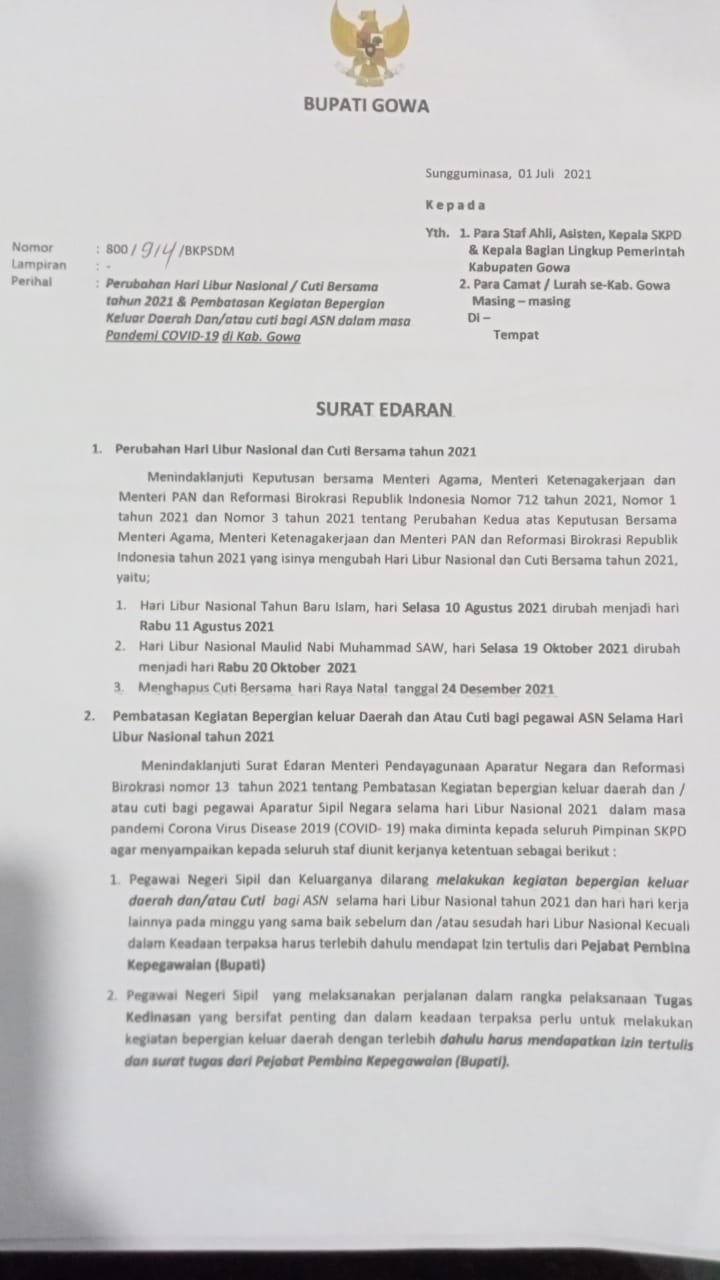 Bupati Adnan Keluarkan Edaran Perubahan Hari Libur dan Cuti Bersama Bagi ASN